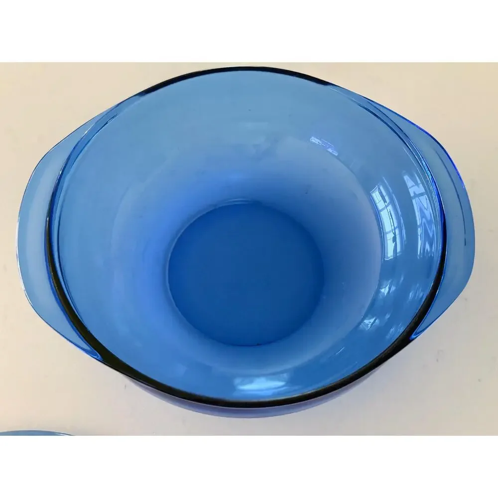 Vintage Pyrex Cobalt Blue Round Casserole Dish with Lid, 2 Qt Ribbed Glass Baker